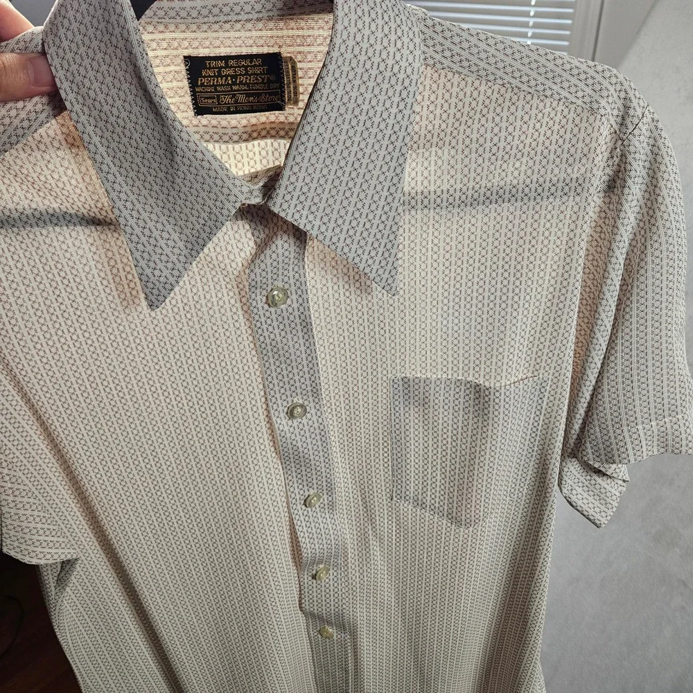 Vintage Sears Knit Dress Shirt Mens L-XL Trim R White Geometric Perma-Prest 70s‎